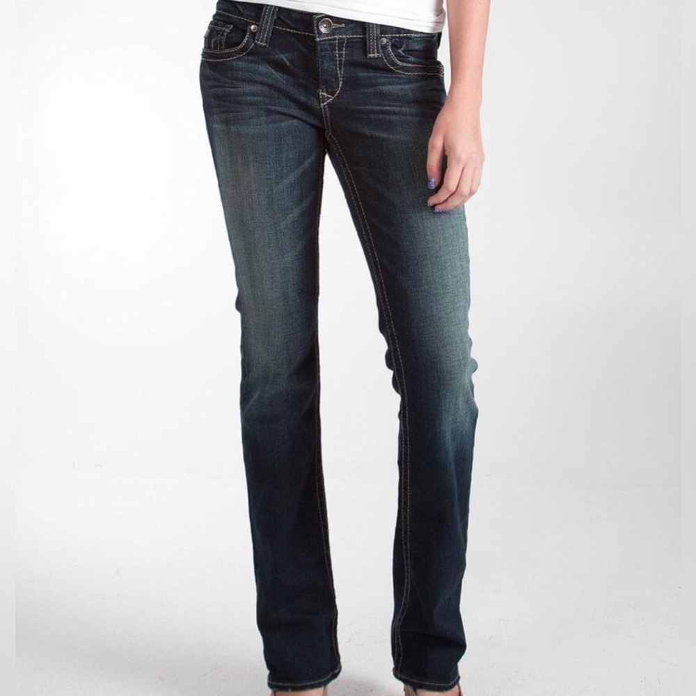 Big Star Casey Low Rise blue denim jeans with tan stitching
